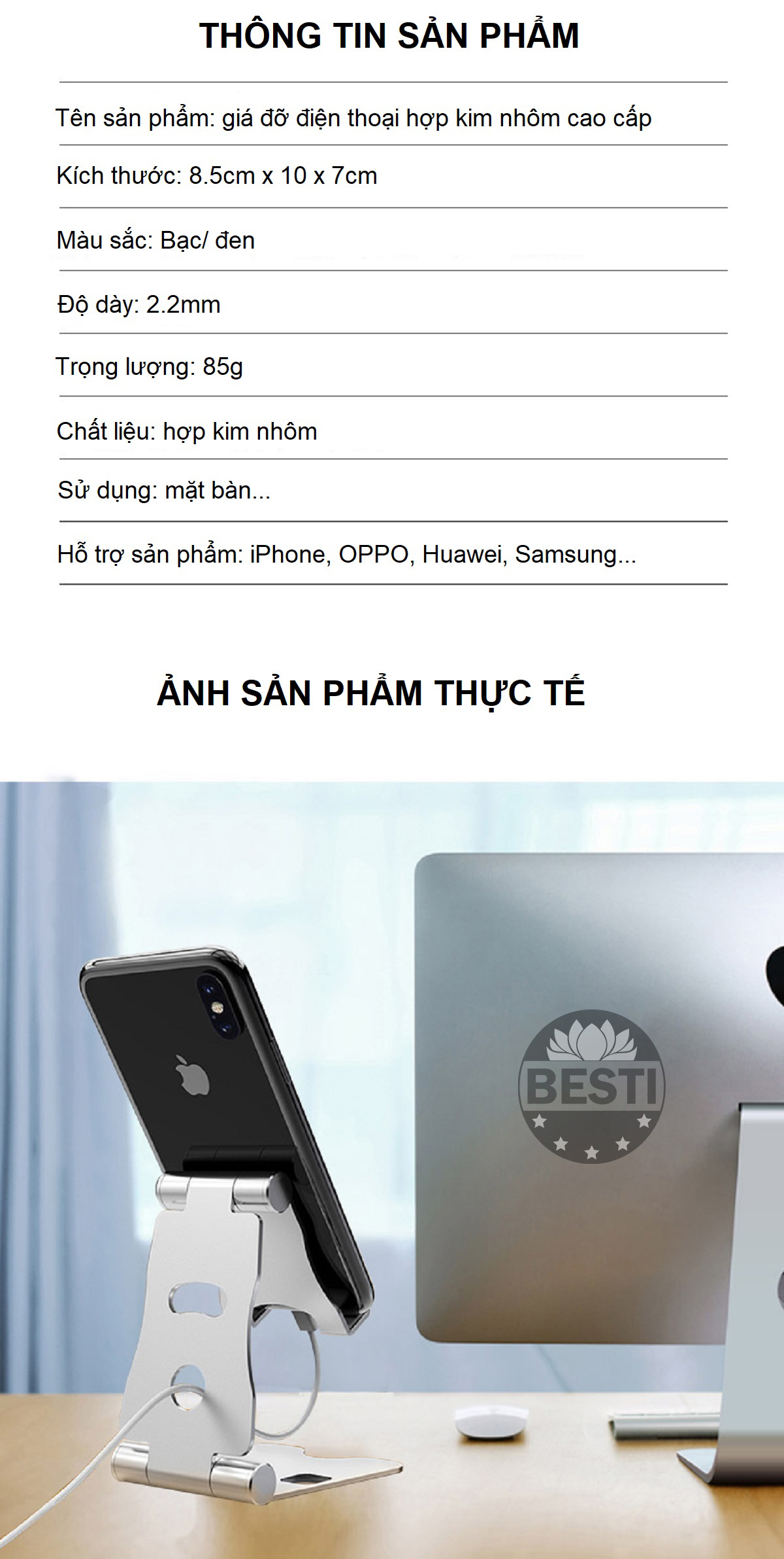 Giá Đỡ Điện Thoại , Máy Tính Bảng, Ipad Mini Để Bàn Hợp Kim Nhôm Cao Cấp - 02 Vị Trí Điều Chỉnh Góc Nhìn Besti