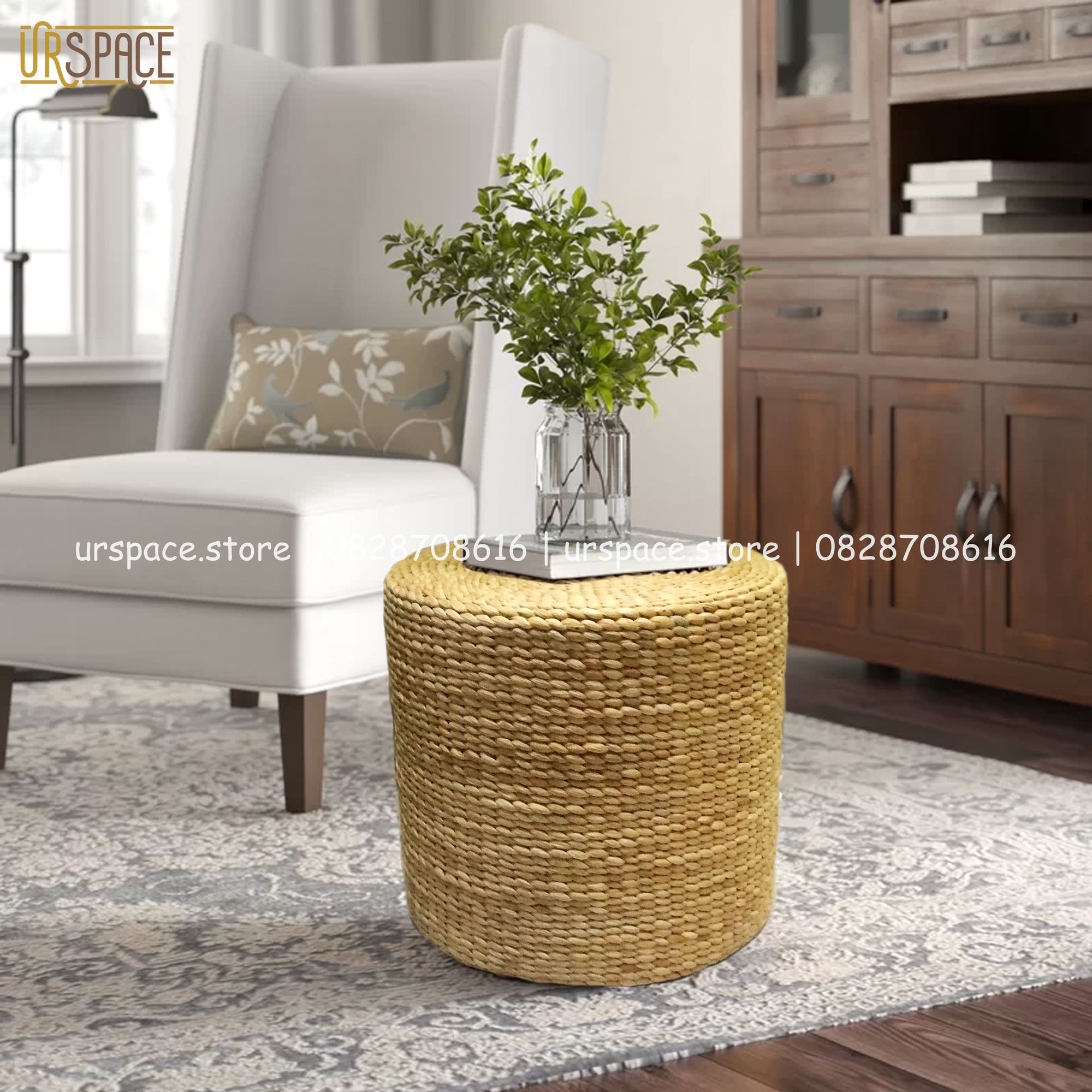 Ghế đôn cói ngồi bàn sofa, đôn cói (bèo) gác chân, đôn cói đa năng D40xH40/ Water hyacinth round ottoman seating stool