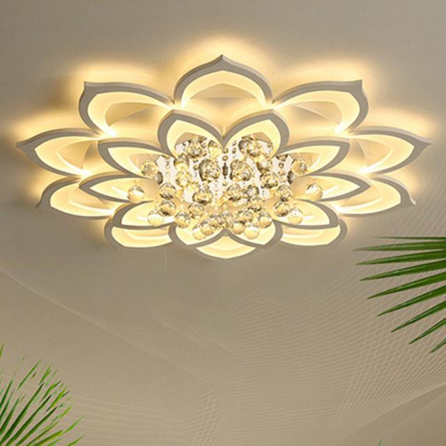 Đèn ốp trần led 3 màu mica, pha lê hình hoa sen MO-9005, MO-9006, MO-9007