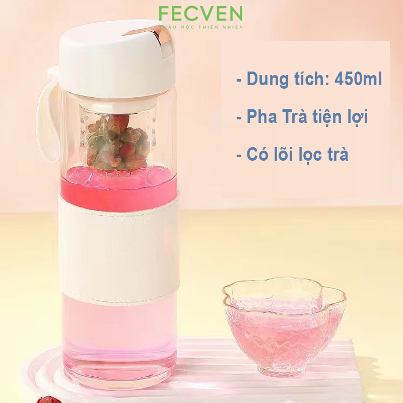 Bình Thủy Tinh Pha Trà Fecven Lõi Lọc Từ Tính, Quai Xách Silicon Bền Bỉ, Dung Tích 450ml