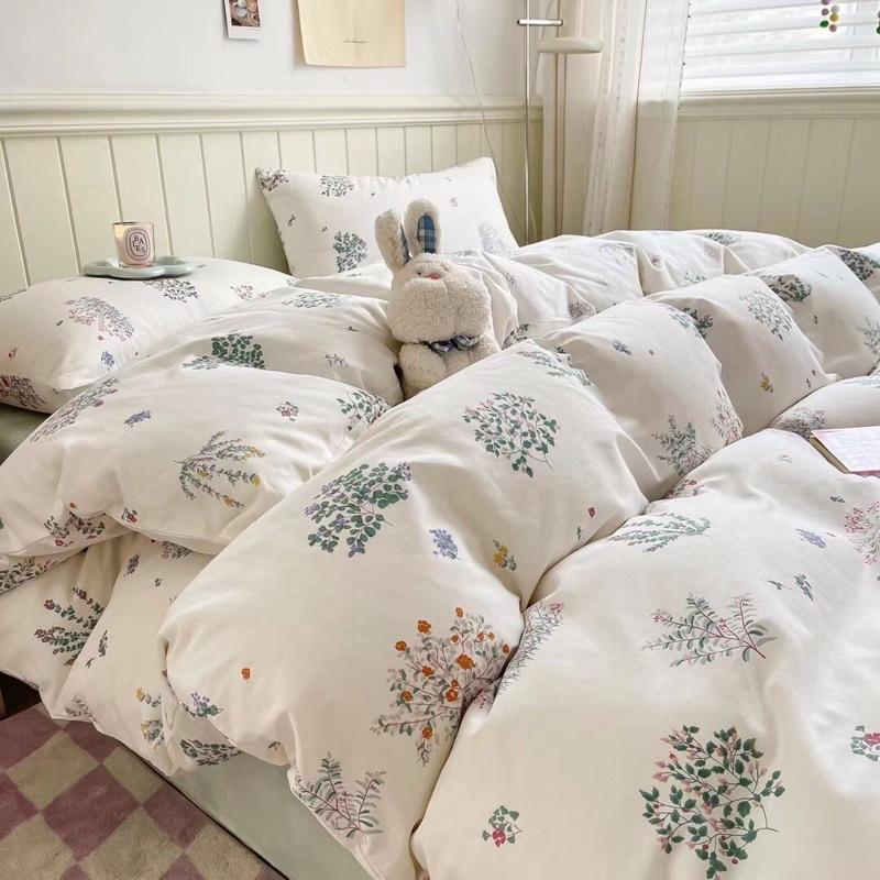 Bộ Chăn Ga Gối Cotton Living Hàng Nhập Khẩu 4 Món Lá Nhí Trắng