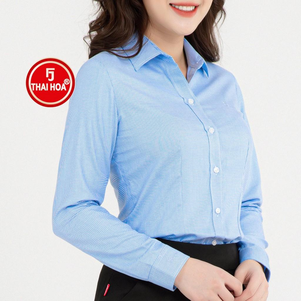 Áo sơ mi nữ công sở Thái Hòa 65-15-01 dài tay màu xanh vải sợi tre caro nhuyễn