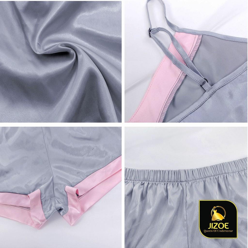 Bộ đồ ngủ nữ Satin cao cấp đẹp dễ thương quần đùi cộc áo hai dây viền hồng nữ tính JIZOE BAN02