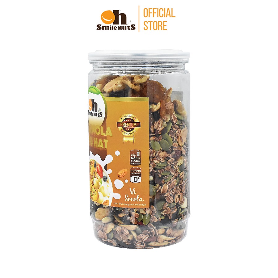 Granola ăn kiêng Siêu Hạt Smilenuts vị Socola hủ 450g - Gồm Hạnh Nhân bóc vỏ, Nho khô, Óc Chó, Yến Mạch, Hạt điều, Nhân bí xanh và Mật ong _ Ngũ cốc ăn kiêng Siêu hạt vị Socola