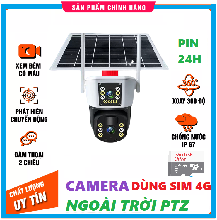 (Lỗi 1 đổi 1) Camera ngoài trời dùng sim 4G năng lượng mặt trời, 2 ống kính - Hàng chính hãng