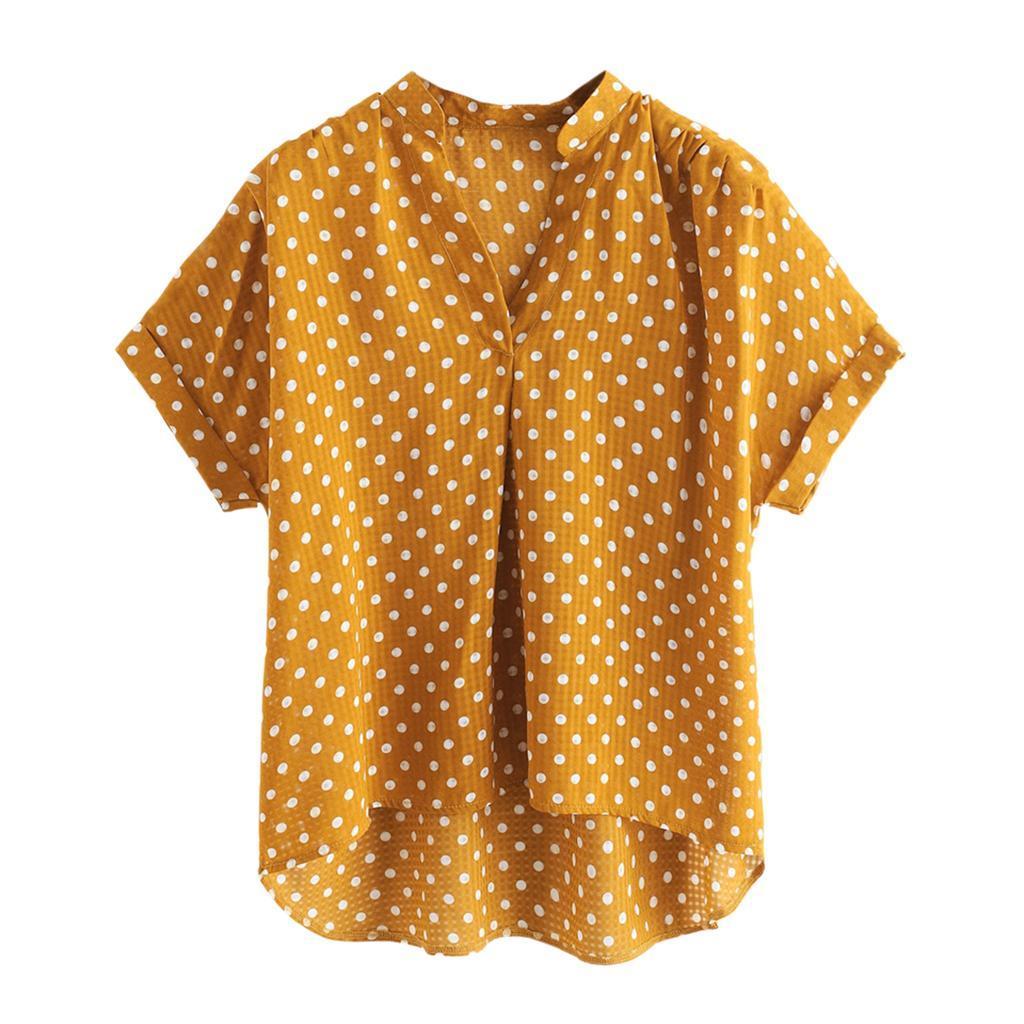 Womens Plus Size Polka Dot Short Sleeve Stand Collar V Neck Flare T-Shirt Yellow