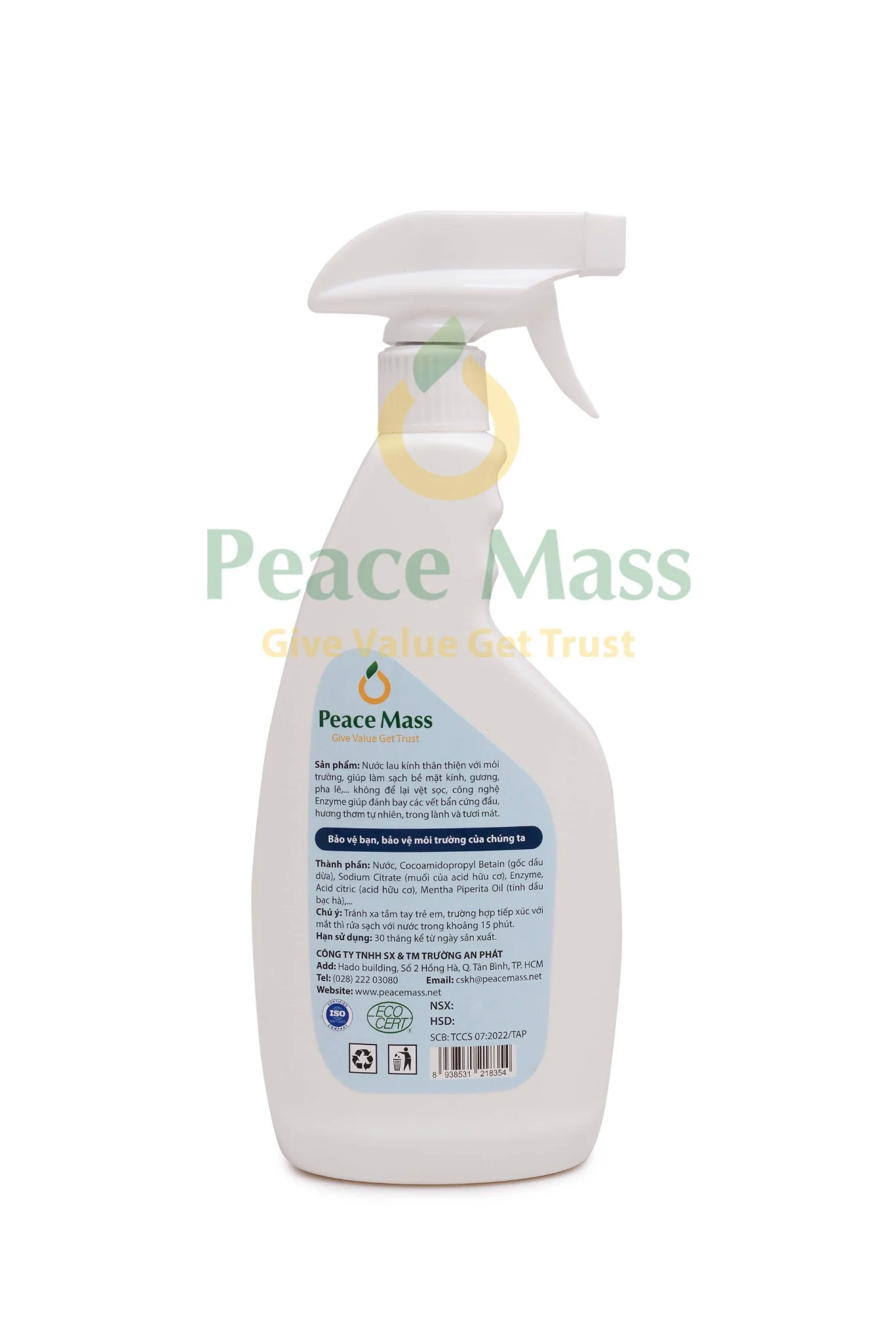 Nước Lau Kính Kết Hợp Lau Bếp Gốc Thực Vật - Tinh dầu Bạc hà Peace Mass Làm Sạch Hoàn Hảo Vết Mỡ Ở Bếp Nấu, Bàn Ăn Chai Xịt 700ml