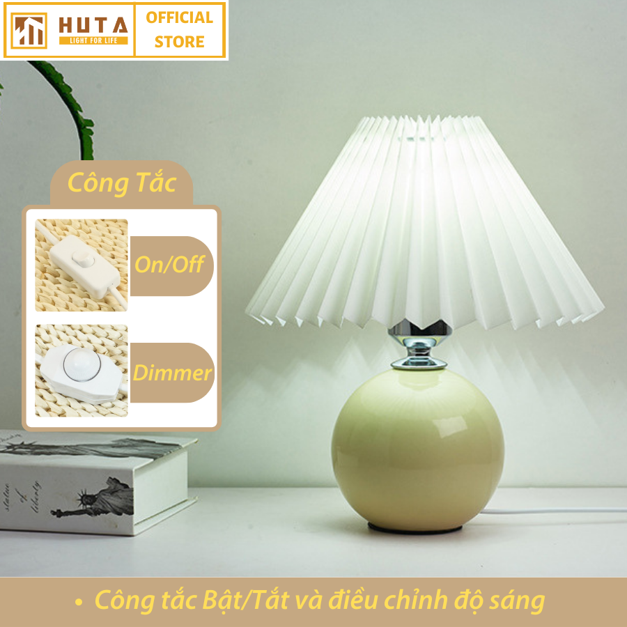 Đèn Ngủ Để Bàn Gốm Sứ Cao Cấp HUTA S8 Chao Xếp Ly Vintage Dễ Thương Decor Trang Trí Phòng Ngủ, Đọc Sách Đầu Giường, Điều chỉnh độ sáng, Đèn Vàng Bóng LED Tiết Kiệm Điện