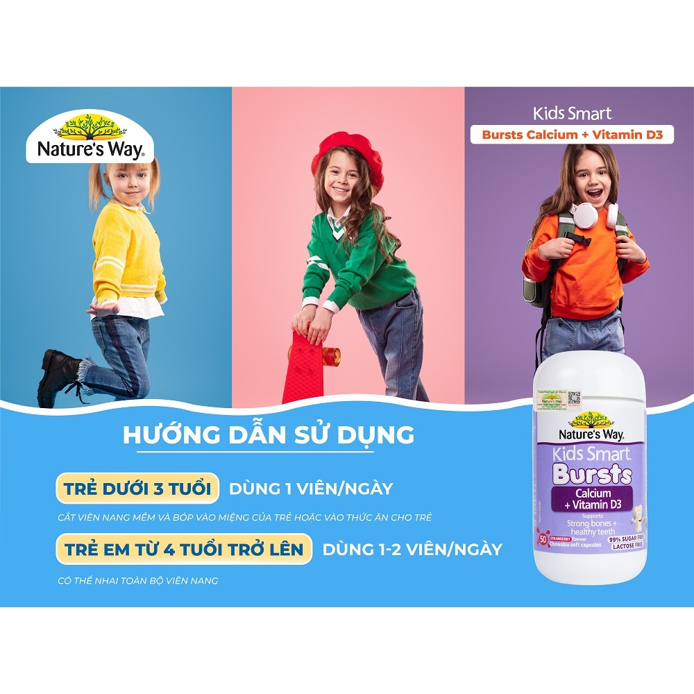 Viên Nhai Bổ Sung Canxi Cho Bé Kids Smart Bursts Calcium + Vitamin D3 Nature's Way (50 viên)