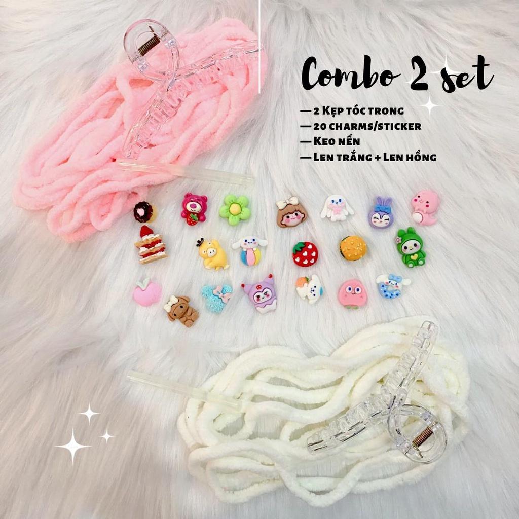 Combo 2 set kẹp tóc tự làm gồm 20 charm/sticker đã bao gồm kẹp tóc handmade DIY bằng len nhung đáng yêu dễ thương