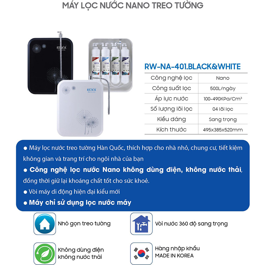 Máy Lọc Nước Công Nghệ Nano/VF Hàn Quốc REWA - RW-NA-401.BF - Hàng chính hãng