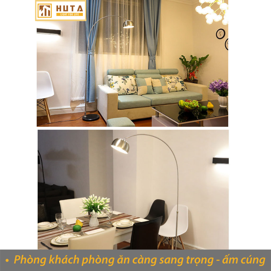 Đèn Cây Đứng HUTA KC3 Thân Cong Inox, Trang Trí Phòng Khách Phòng Ngủ, Sofa, Góc Tường, Cao Cấp Sang Trọng, Bóng Led Ánh Sáng Vàng Tiết Kiệm Điện