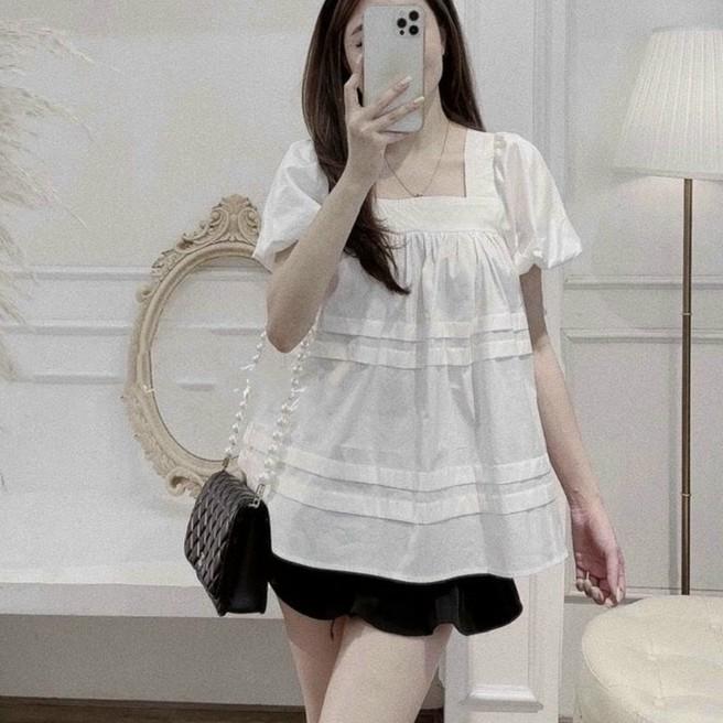 Áo bầu babydoll cổ vuông siêu hot, freesize từ 43-68kg️ áo bà bầu cao cấp chất đũi siêu mát siêu mềm ko nhăn