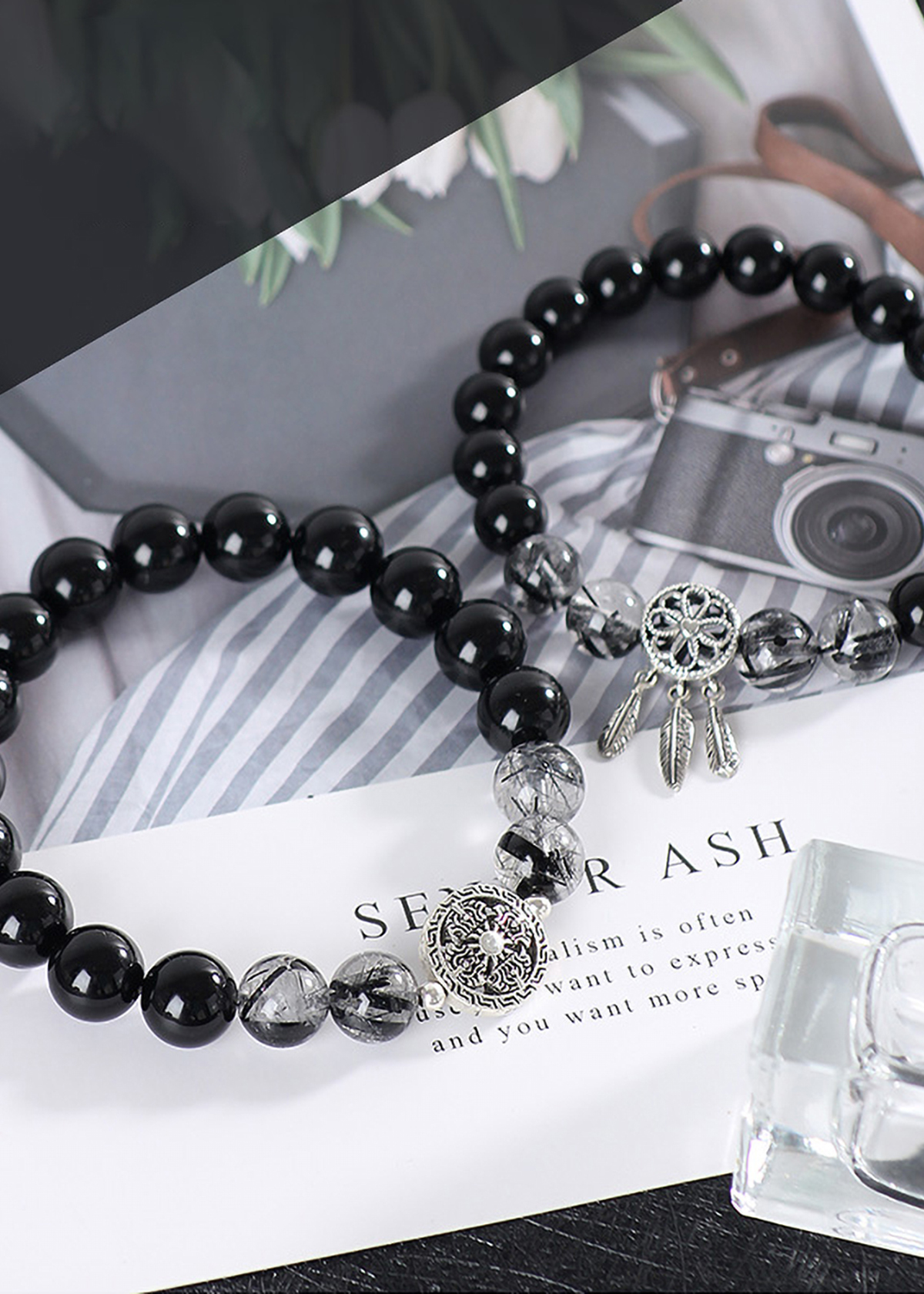 Vòng tay đôi đá Obsidian phối thạch anh tóc đen và charm bạc mệnh thủy, mộc - Ngọc Quý Gemstones