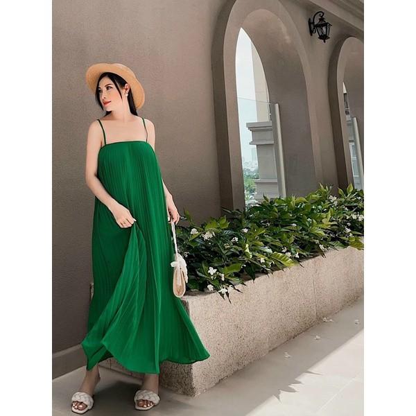 Đầm maxi dập ly hai dây cổ vuông siêu đẹp hình thật