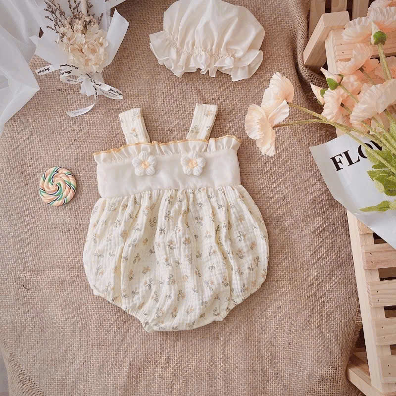 SET BODY 2 DÂY HỌA TIẾT HOA MÀU KEM KÈM NÓN CHO BÉ GÁI SƠ SINH ĐẾN 2 TUỔI
