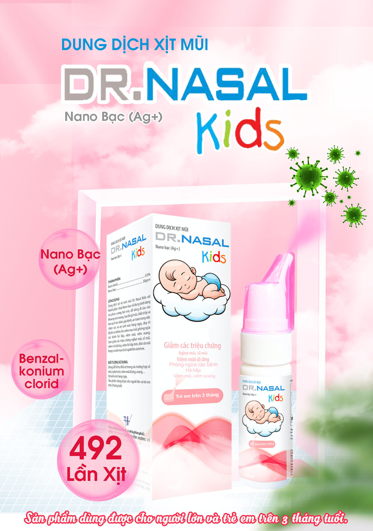 Dung dịch xịt mũi kháng khuẩn Dr. Nasal Kids (Hồng) Nano bạc