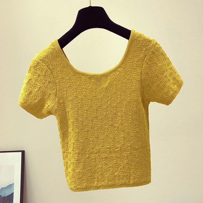 Áo thun dệt kim tay ngắn phối nút màu trơn cho phái nữ