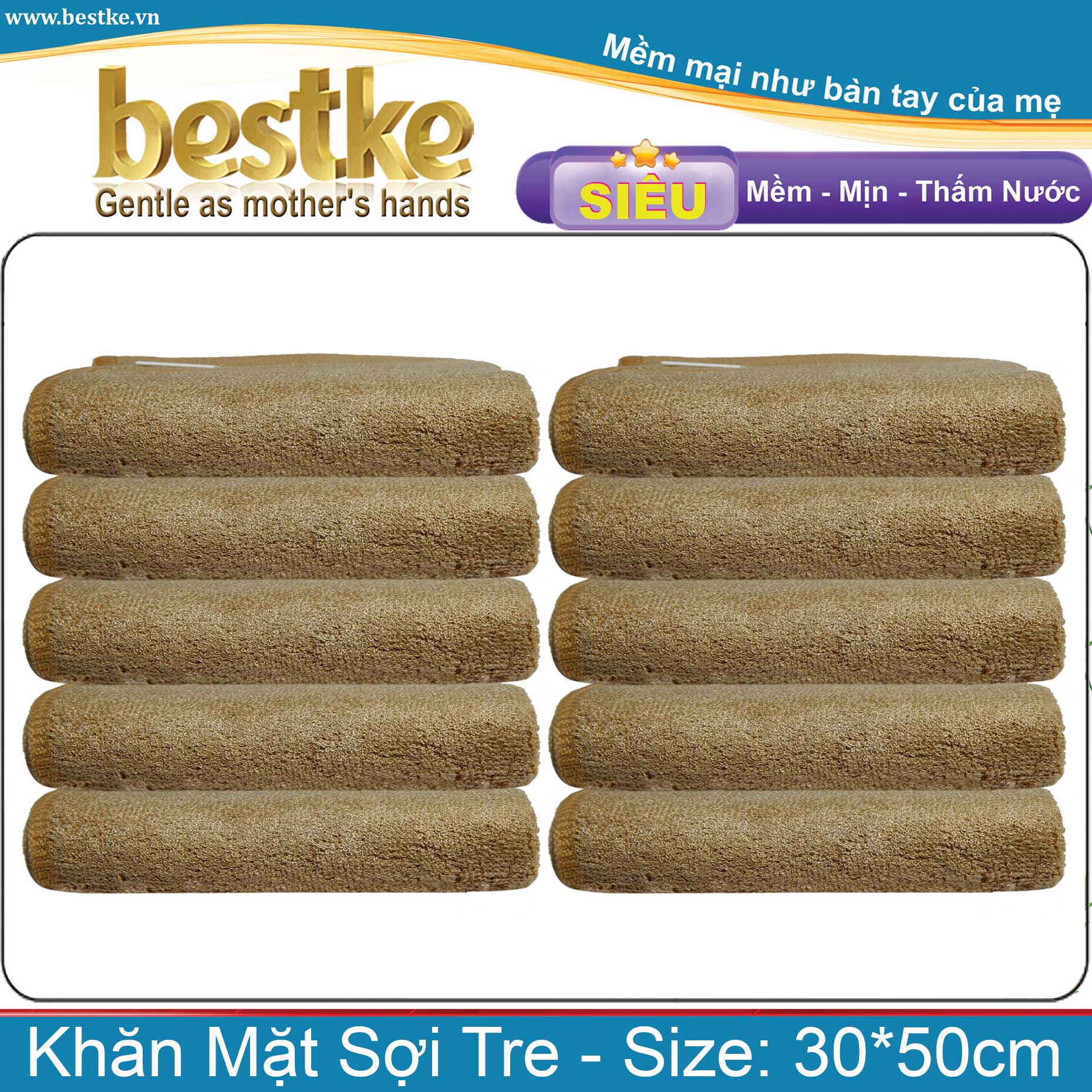 Khăn mặt sợi tre bestke, Set 10 cái màu nâu size 30*50cm = 60g/cái, Bamboo Towels