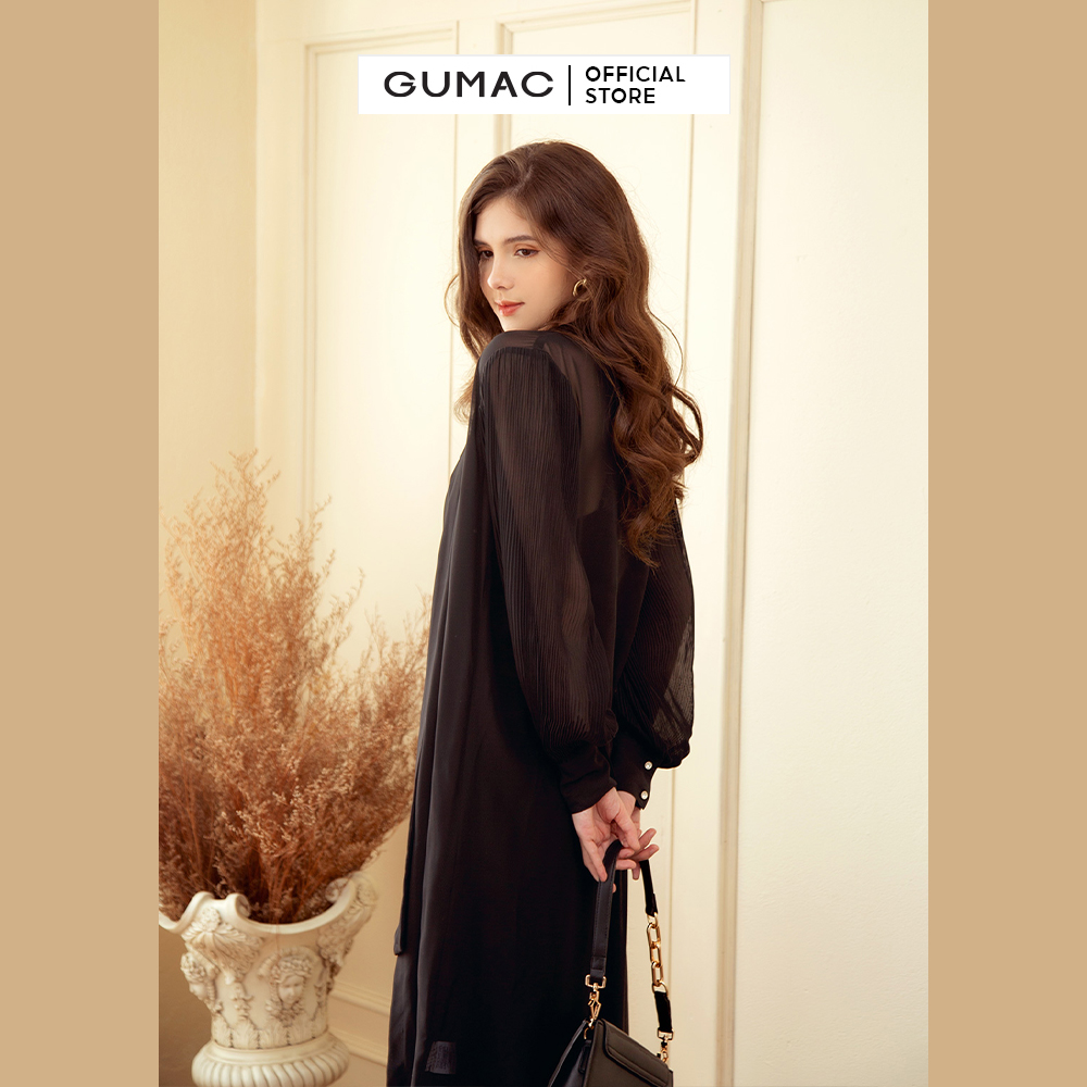Đầm dáng xòe nữ GUMAC DB915 sơ mi thắt nơ
