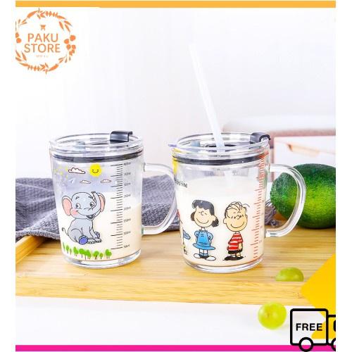 Ly Thủy Tinh Chia Vạch 350ml, Ly Pha Sữa Chia ml, Nắp Chống Tràn, Tiện Lợi, Bền Đẹp, Ống Hút Sillicon