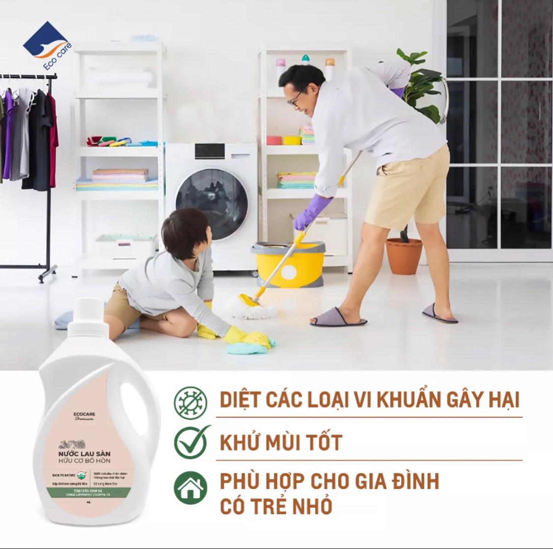 [Premium] Nước lau sàn hữu cơ cao cấp Bồ hòn và Tinh dầu thiên nhiên Ecocare - Diệt khuẩn, Đuổi muỗi, Chống trơn trượt - Cam sả - 4000ml