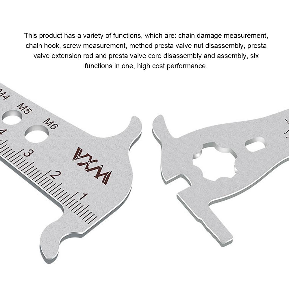 Dụng cụ đo độ hư hỏng của xích, móc xích, đo vít, phương pháp tháo rời đai ốc van presta, thanh mở rộng van presta và tháo gỡ và lắp ráp lõi van presta, sáu chức năng trong một