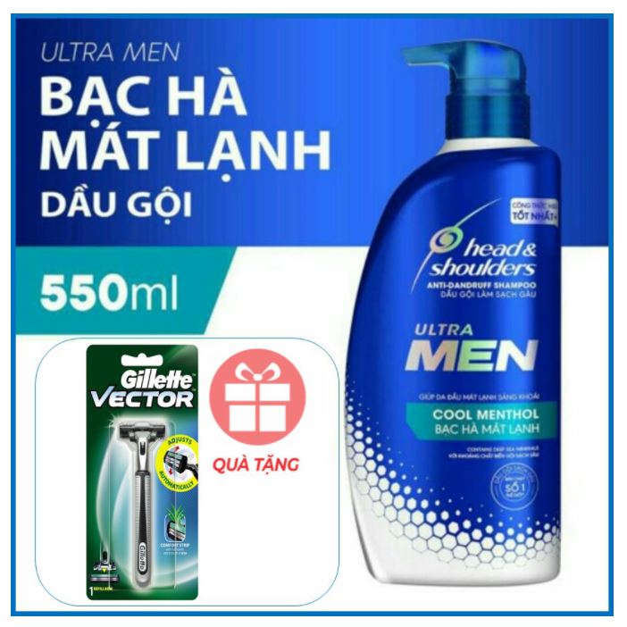 Dầu gội Head&amp;Shoulders Ultramen Bạc hà 550ml tặng kèm 1 cán Gillette Vector