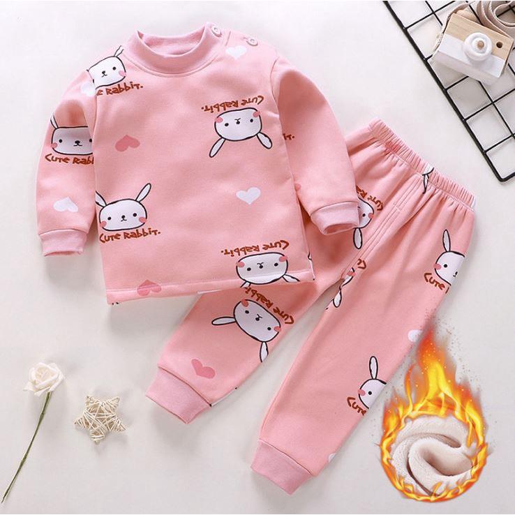 Bộ Quần Áo Thun Cotton Thu Đông Dài Tay Lót Nhung Dày Dặn Cho Bé Gái Màu Hồng Thỏ Con - Me Yeu Con 1102 - Từ 7-27 Kg