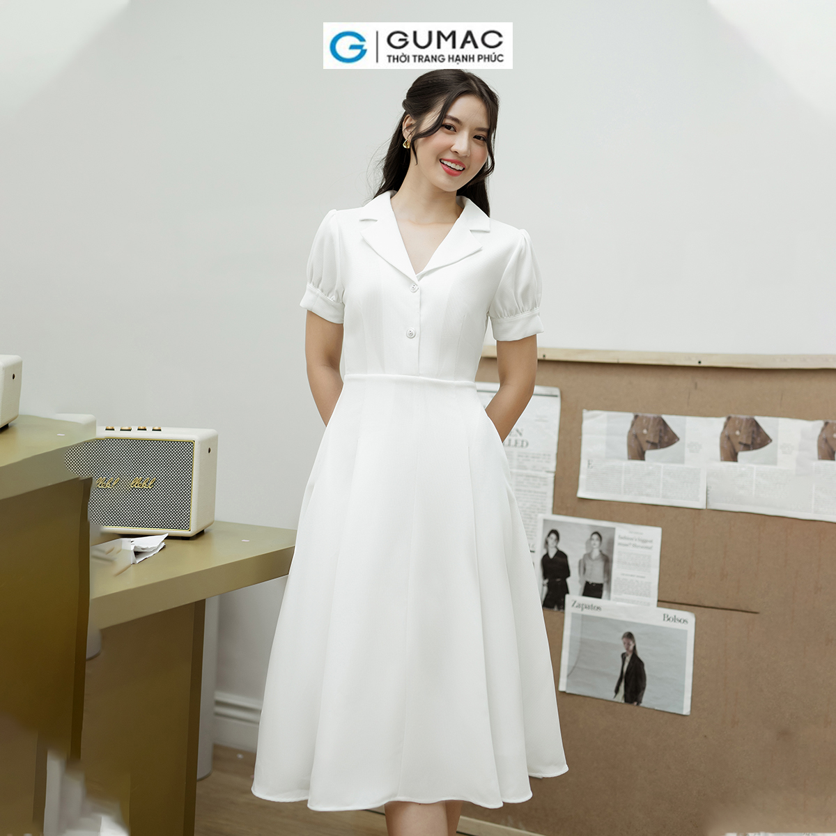 Đầm A xòe tay phồng GUMAC DD08048