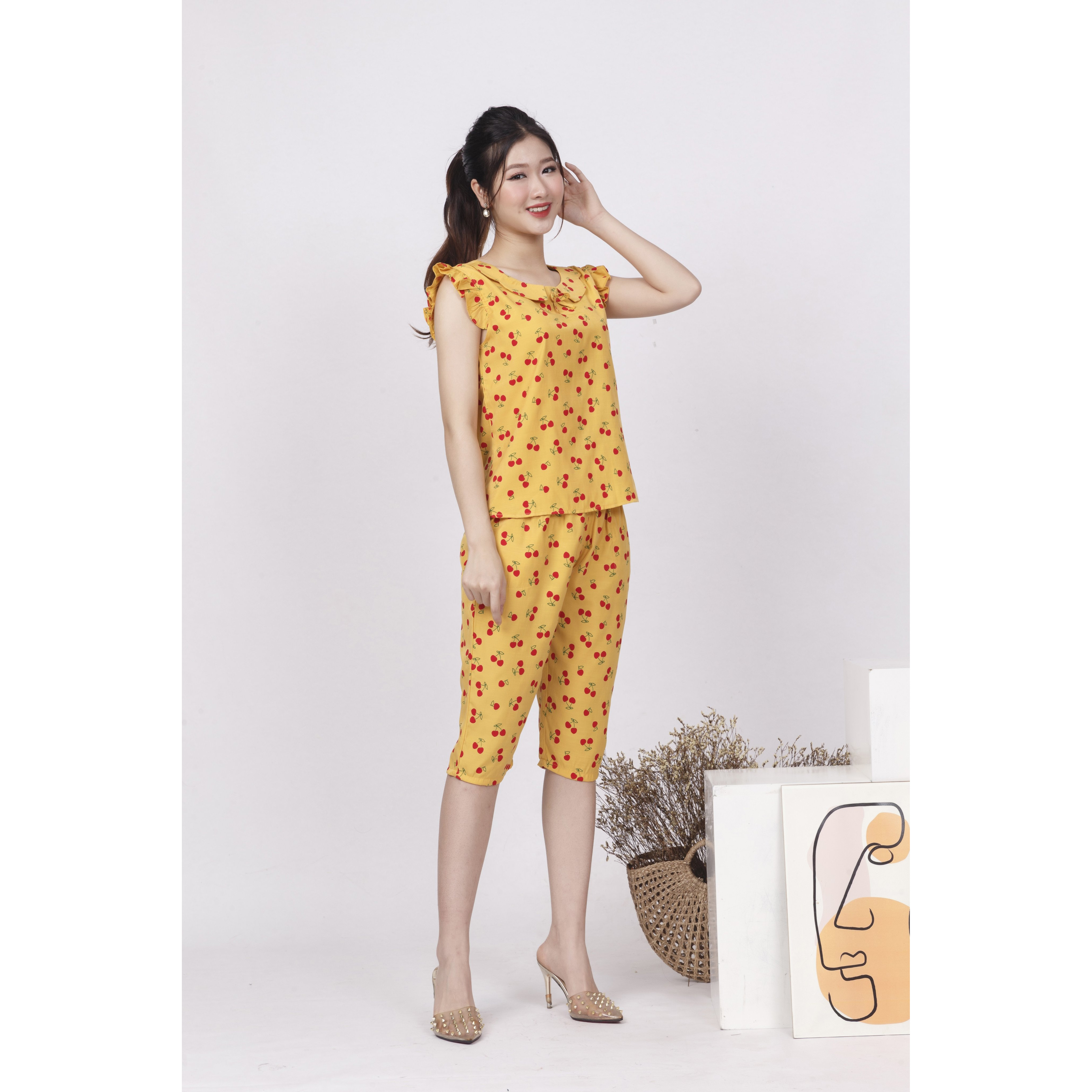 Đồ bộ nữ cộc tay - Đồ bộ mặc nhà - Đồ ngủ mặc nhà nữ - Đồ bộ nữ lửng - Set bộ đũi mặc nhà nữ Vicci BDT.01 hoạ tiết Cherry