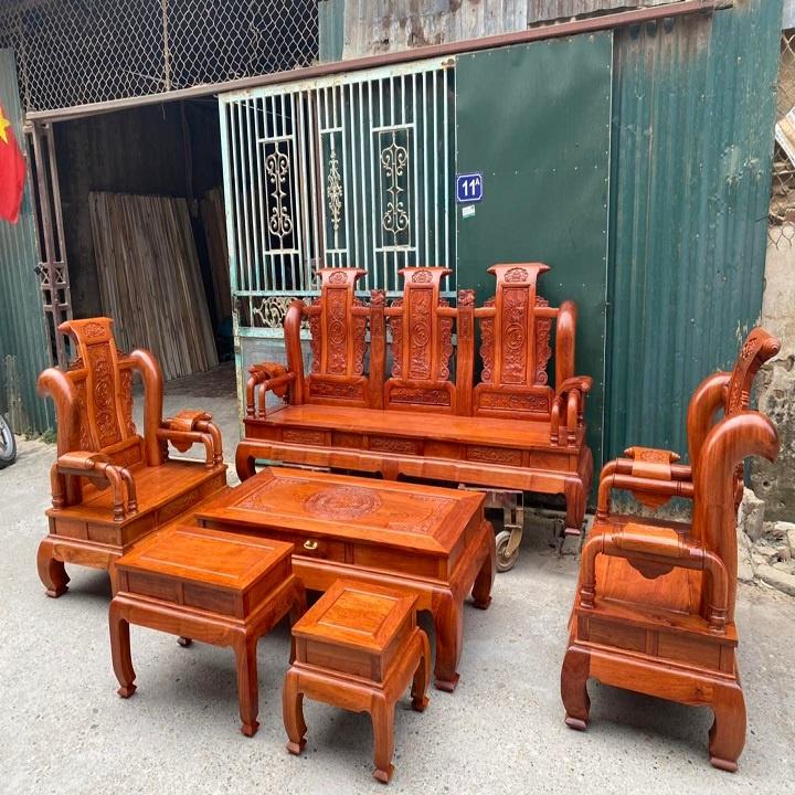 Bộ bàn ghế Tần Thuỷ Hoàng tay 12 gỗ hương đá ( Cột liền , yếm liền ) 6 món hàng đẹp