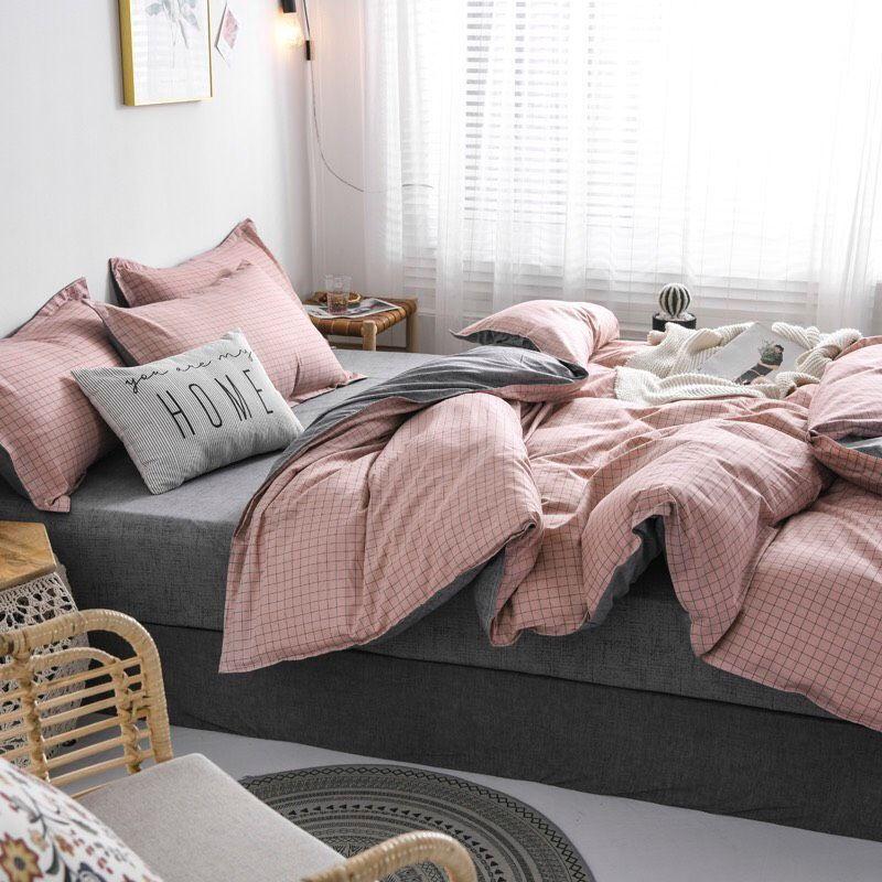 Bộ chăn ga gối kẻ ô hồng Cotton Poly cao cấp LEEBedding, chăn ga Hàn Quốc, miễn phí bo chun ga giường theo yêu cầu