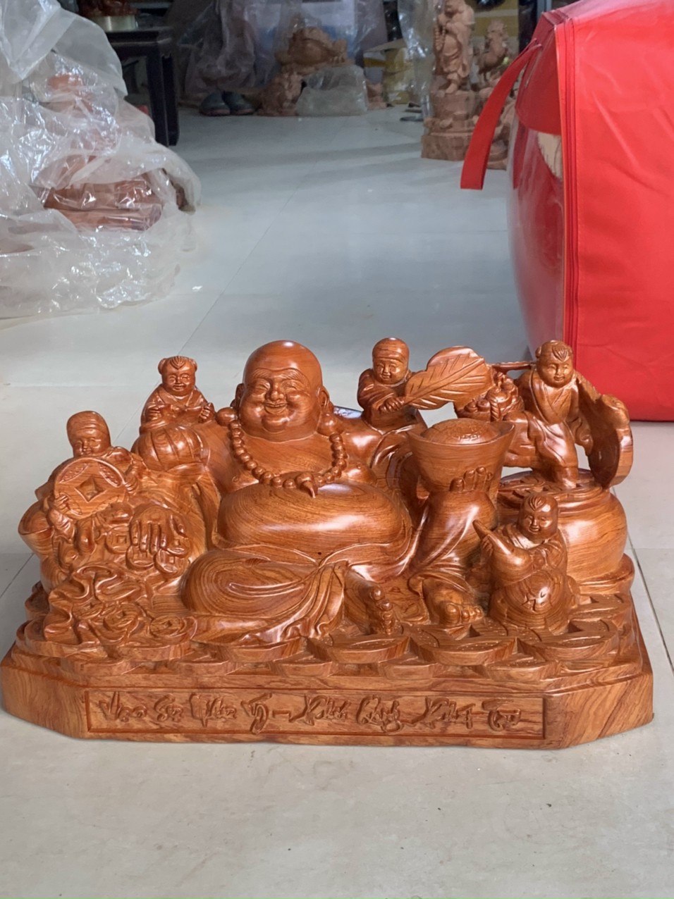 Tượng phật di lặc ngũ phúc bằng gỗ hương đá kt 60×30×30cm