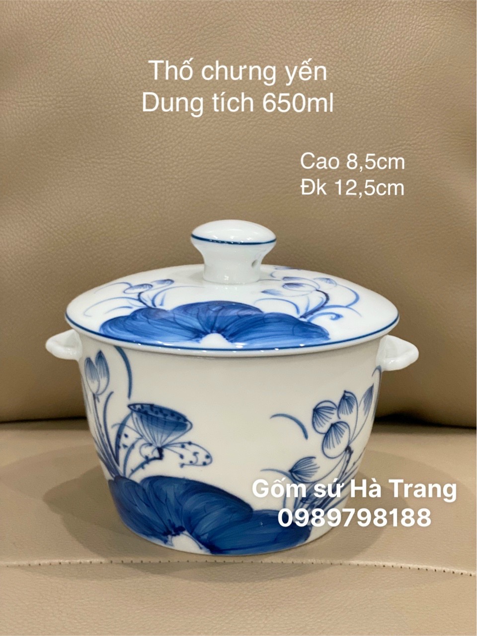 Thố chưng yến gốm sứ Bát Tràng cao cấp vẽ tay hoạ tiết sen phú quý trường thọ xanh chàm dung tích 650ml