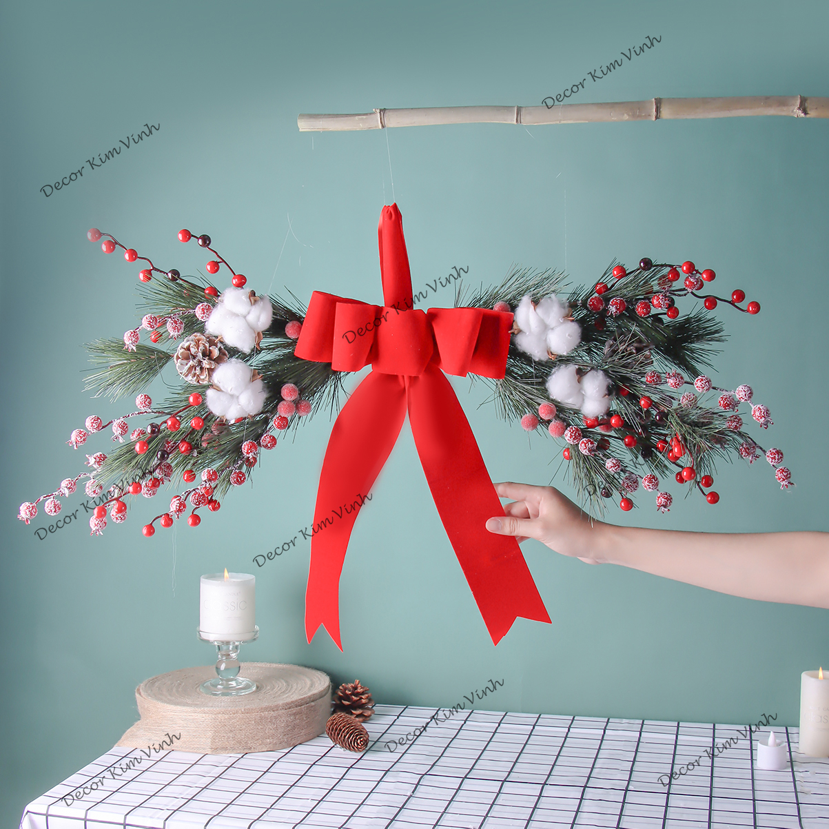 Dây Treo Đối Xứng DX05 Dây Treo Lá Kim Nơ Đỏ Trang Trí Giáng Sinh Kèm Đèn