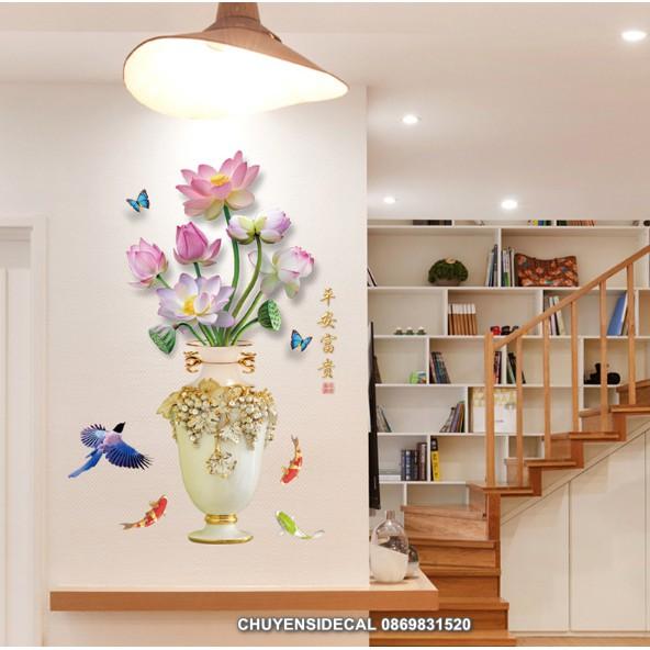 Decal trang trí tường - Bình Hoa Sen kiềng 3d