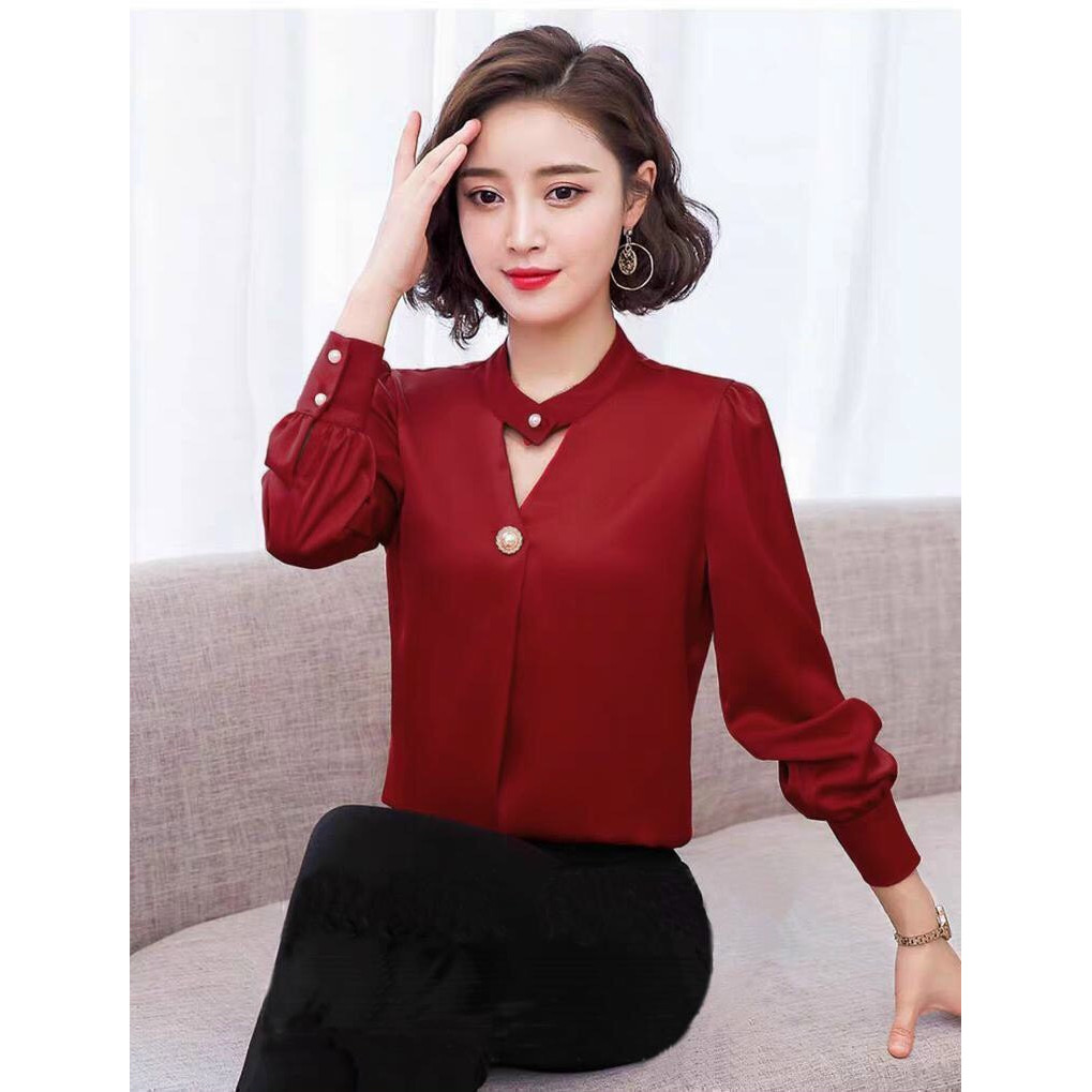 ÁO SƠ MI CÔNG SỞ NỮ CAO CẤP CỔ TIM CÁCH ĐIỆU PHỐI NÚT MẪU MỚI