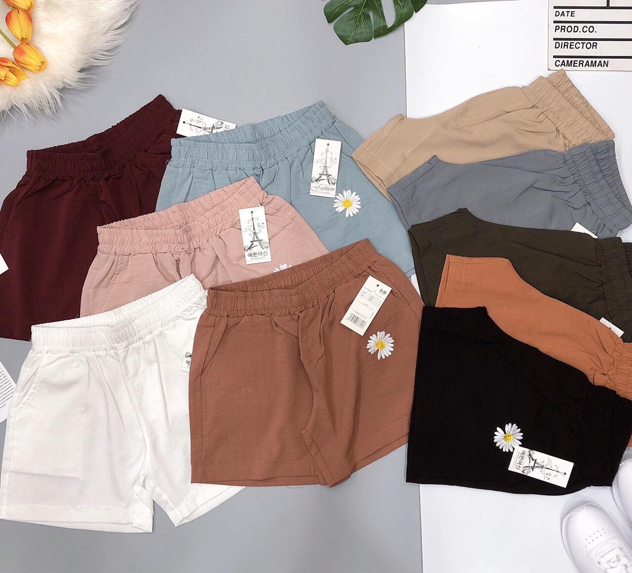 Quần đùi short nữ thêu hoa, chất đũi mặc cực mát, không xù