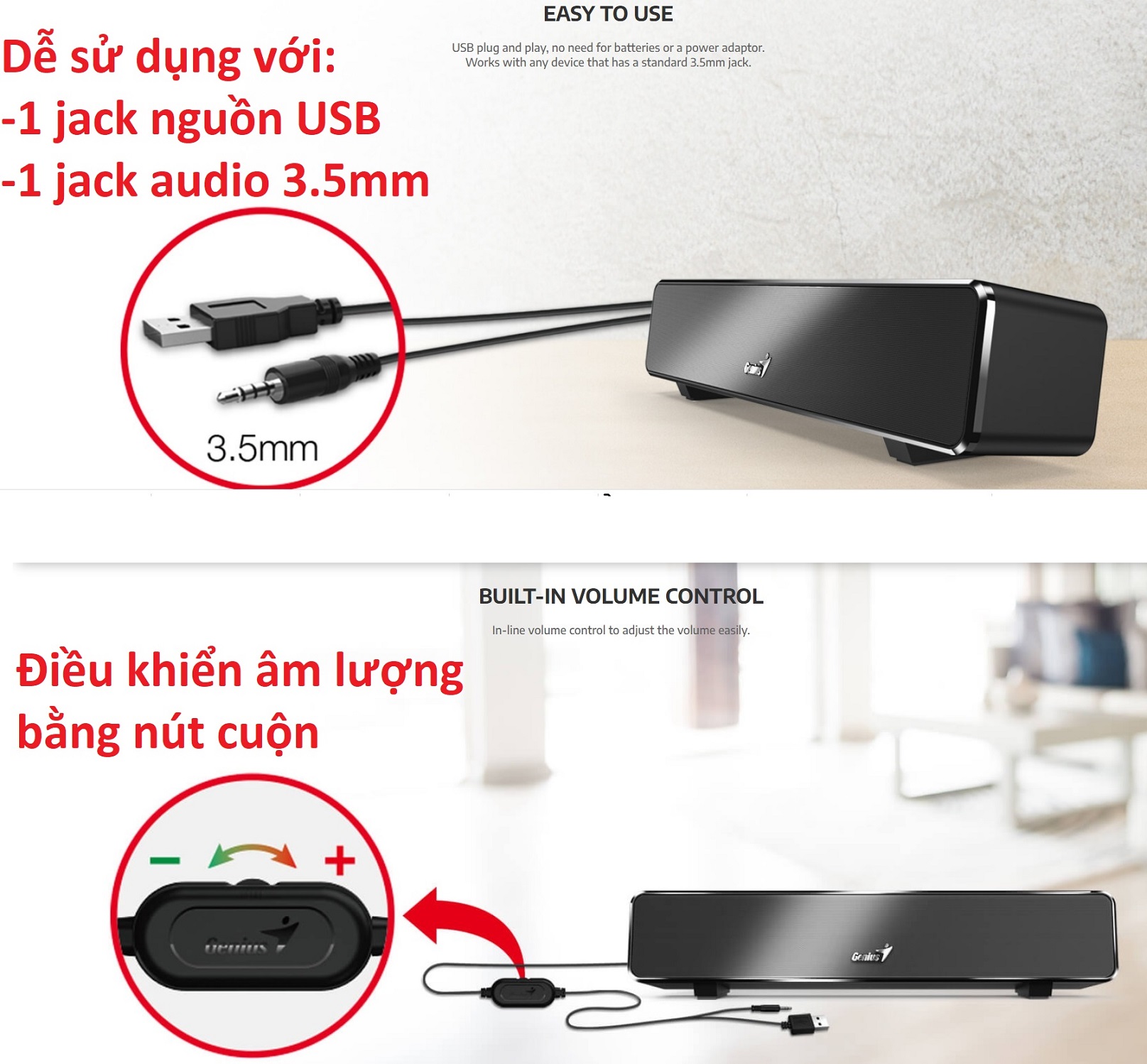 Loa máy tính toàn dải Genius USB Soundbar 100 -Hàng chính hãng