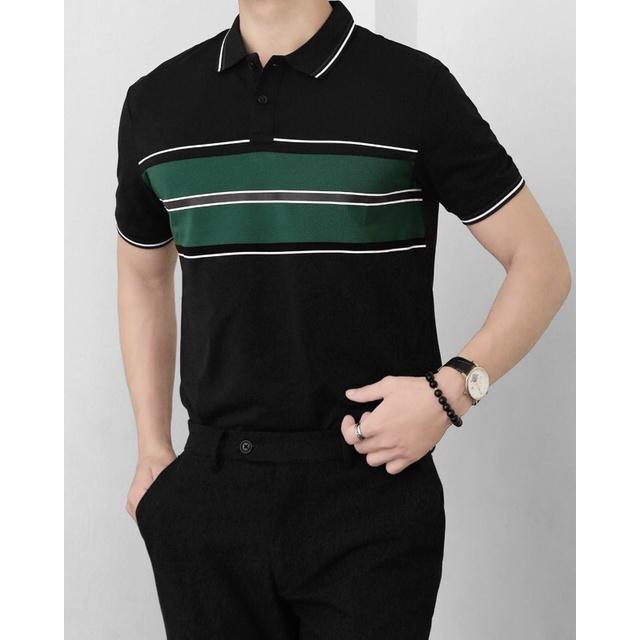 Áo Polo nam kẻ xanh 3D ngang ngực vải Cotton cá sấu cao cấp xuất xịn dệt bo dày dặn chuẩn form áo thun cổ bẻ tay ngắn