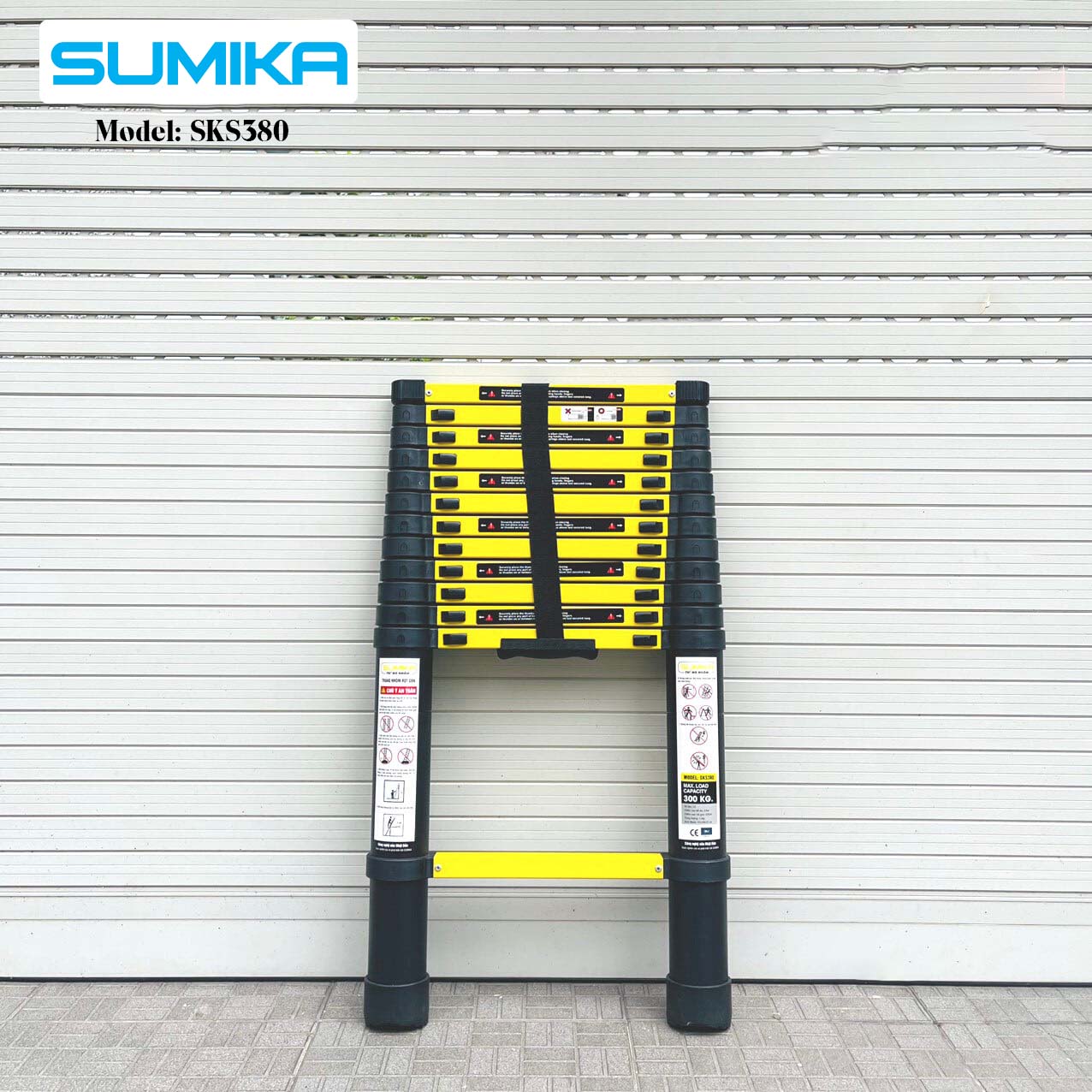 Thang nhôm rút gọn SUMIKA SKS380 - Chiều cao tối đa 3.8m, sơn tĩnh điện, chống trầy xước, khóa chốt cao cấp, đế cao su chống trượt, bậc thang diện tích rộng, nhỏ gọn, tiện lợi di chuyển