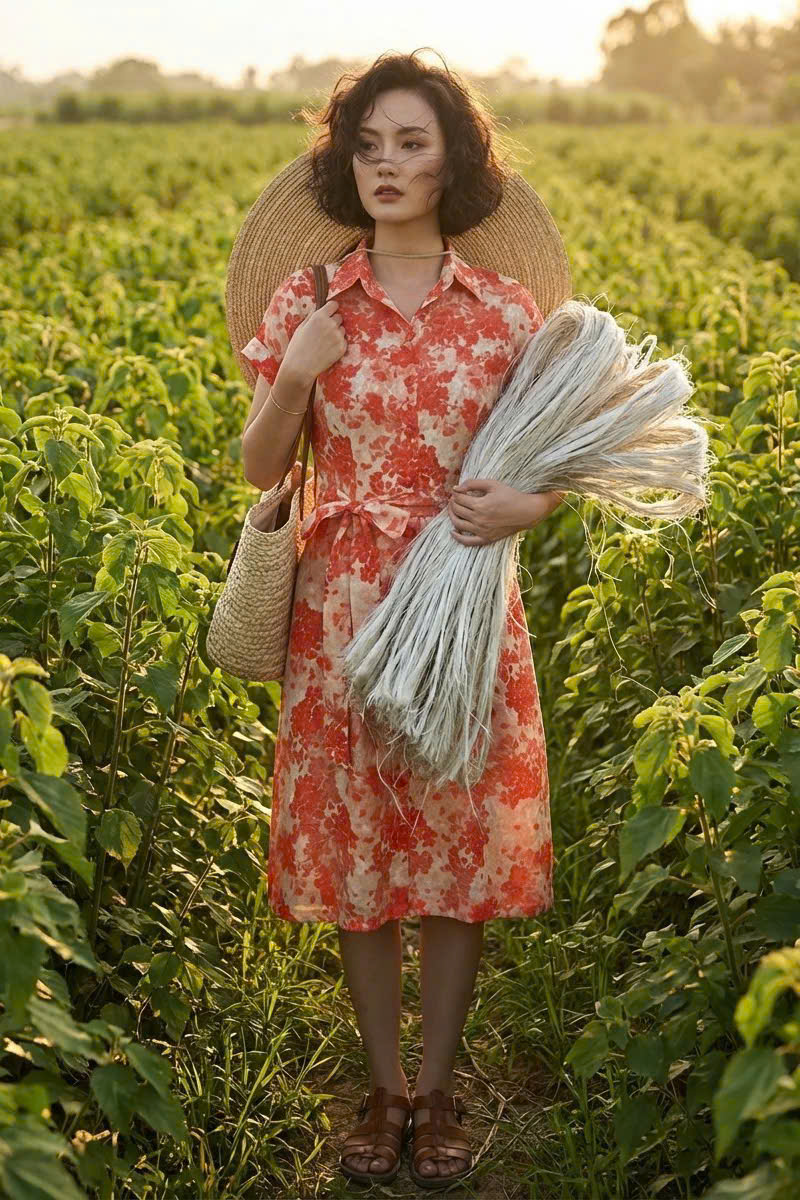 Đầm Sơ Mi Ramie Hoa Đỏ Thanh Minh Dre232 Thời trang Hity