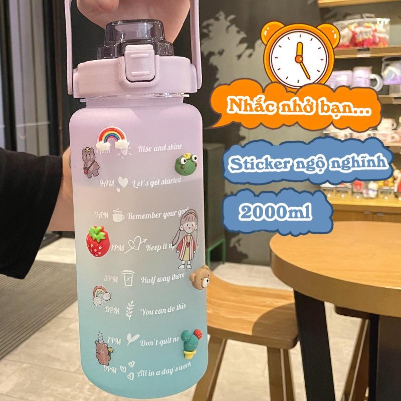 Bình nước 2 Lít có vạch chia báo giờ uống nước - Bình đựng nước màu Gradient kèm ống hút và sticker dễ thương