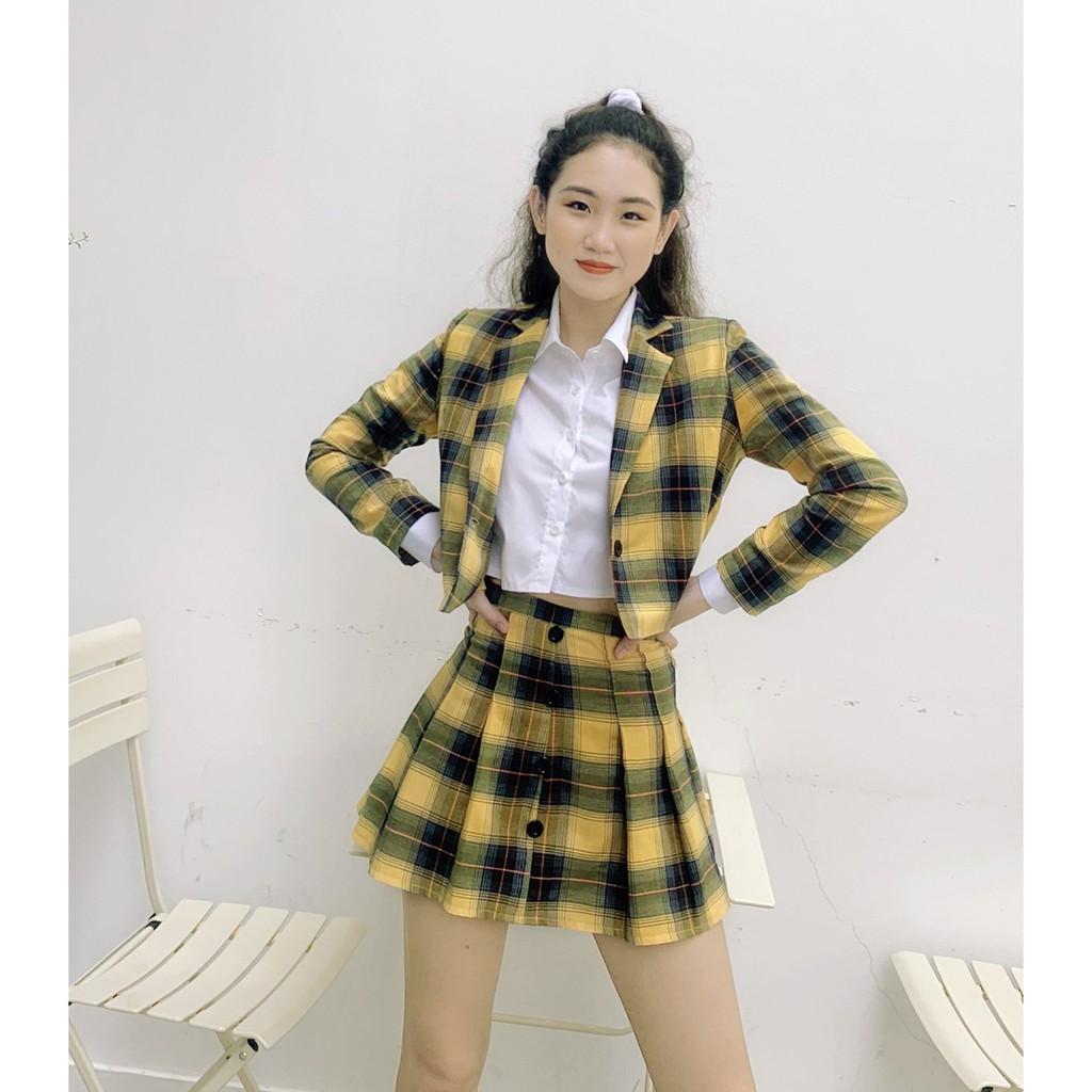 SET áo blazer croptop tay dài sọc caro vàng Dalla