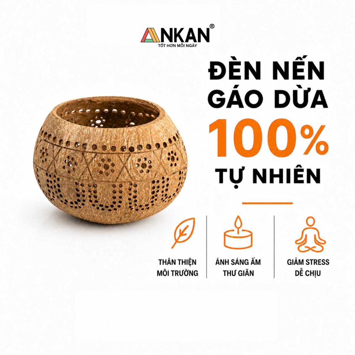 Đèn Gáo Dừa Đựng Nến Tealight Hoa Cúc Handmade Decor Tự Nhiên Trang Trí Spa Cafe ANKAN