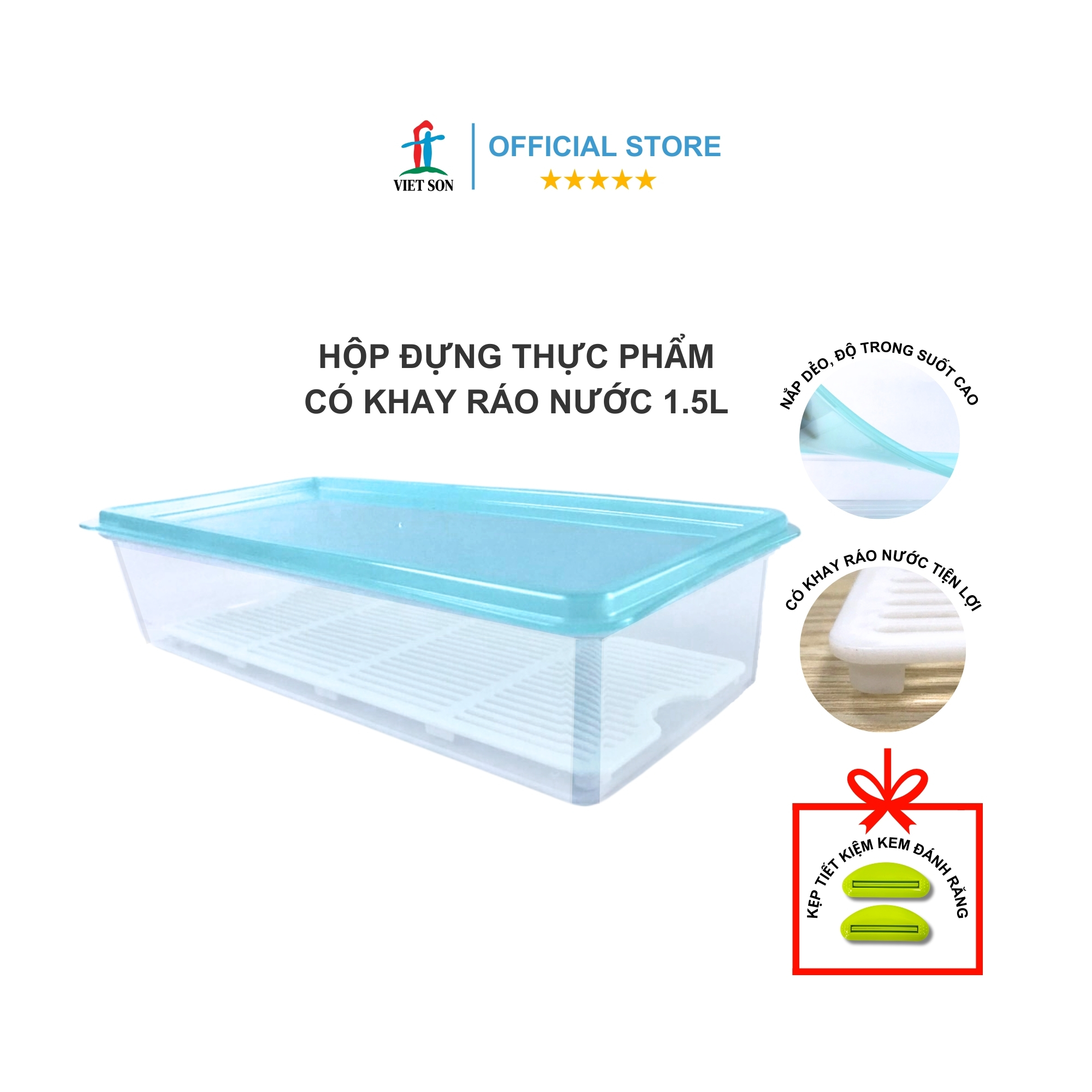 Hộp Nhựa Thực Phẩm Chữ Nhật Nắp Kín Có Khay Ráo Nước Việt Son 2L