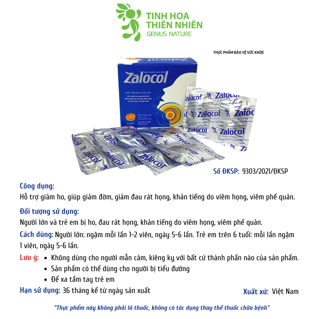 Combo 2 hộp viên ngậm thảo mộc Zalocol Hỗ trợ giảm ho, giảm đờm, giảm đau rát họng, khản tiếng - Genat