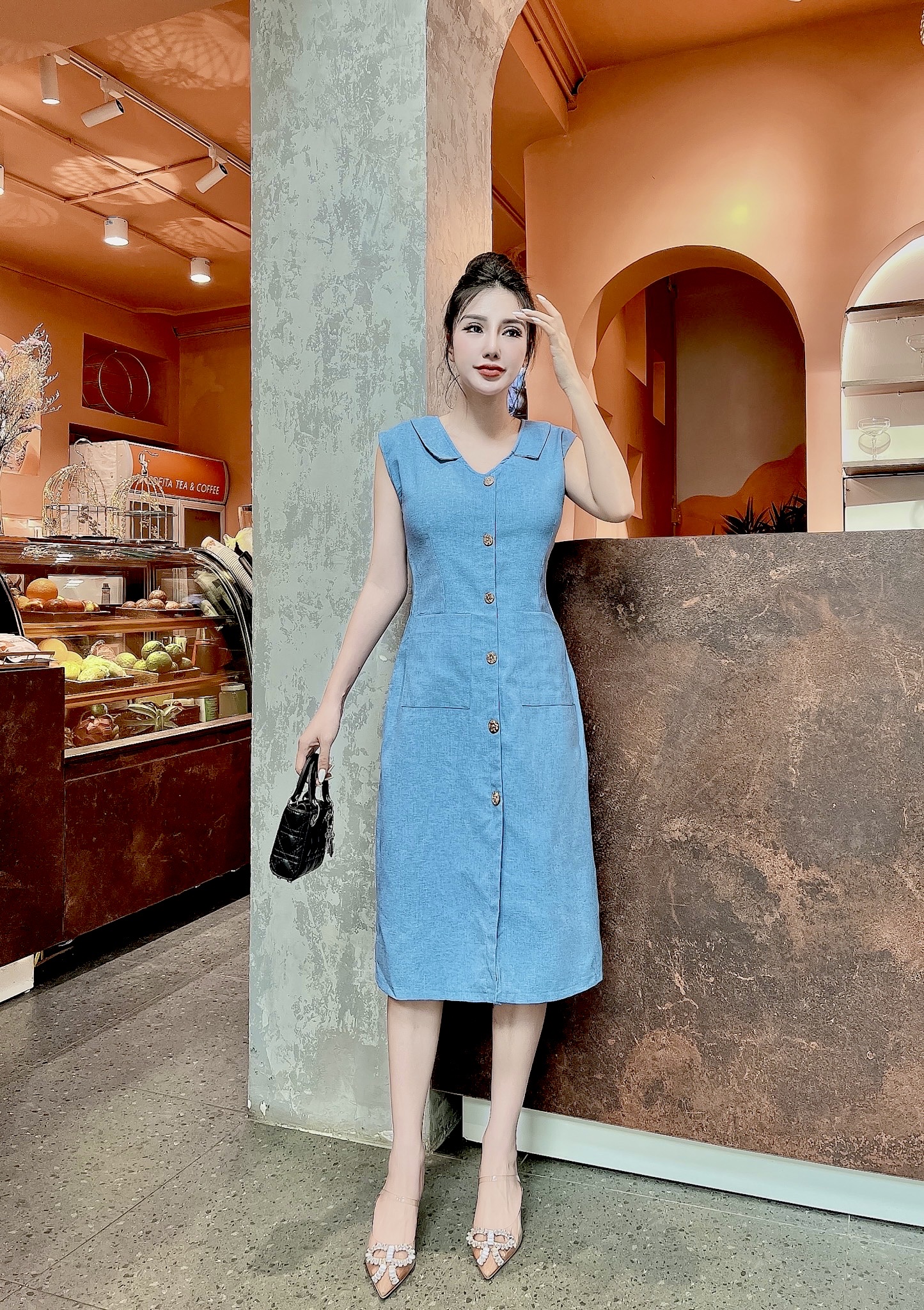 ĐẦM SUÔN LINEN 2 TÚI PHỐI NÚT– M012