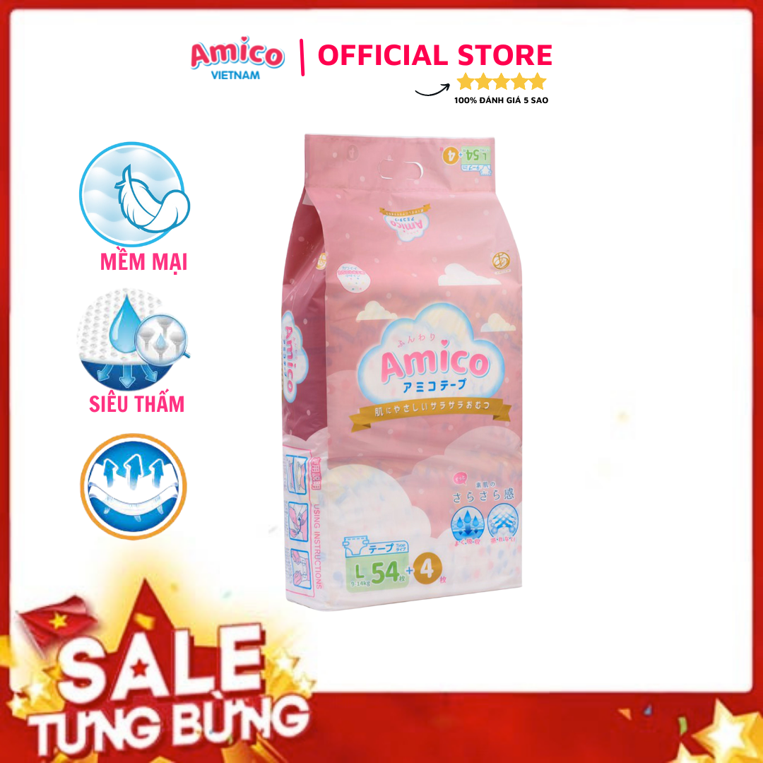 Bỉm - Tã dán Amico size L 54 + 4 miếng (Cho bé 9 - 14 kg)